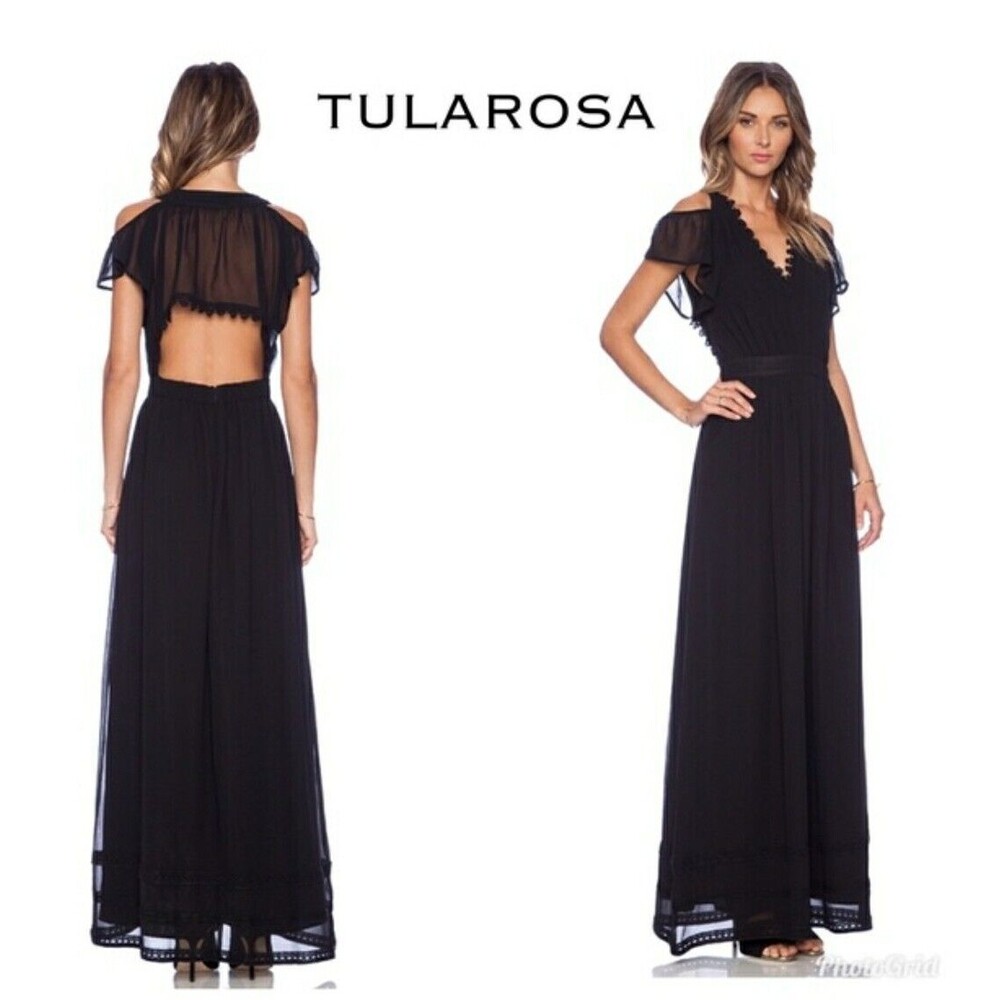 Tularosa Luca open shoulder maxi dress black crochet detail size M